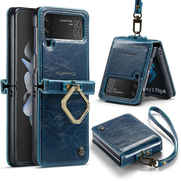 Lædertaske Kompatibel Samsung Galaxy Z Flip 4 med ring- og håndledsrem Stødsikker faldbeskyttelse Blue