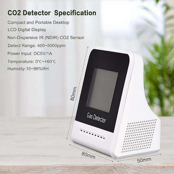 CO2-monitor, CO2-detektor med NDIR-sensor 400-5000 ppm, ljudlarm, temperatur, luftfuktighet, drivs av uppladdningsbara batterier