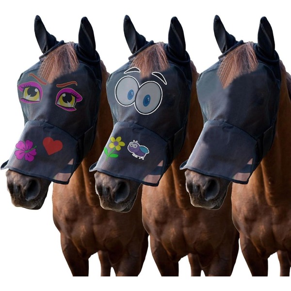 ® Hest Pony Cob Flue Maske Net Slør Hætte Fuld Ansigt Tegneserie Polyester Ører Næse Beskyttelse (Tegneserie Pink Øjne, Fuld)