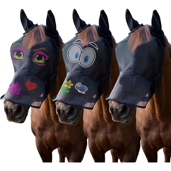 ® Horse Pony Cob Flugmask Nätslöja Huva Helansikte tecknade polyesteröron Nässkydd (tecknade rosa ögon, full)
