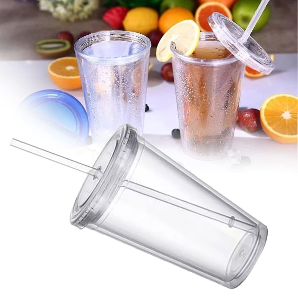 Plastkopp Resekopp med sugrör, dubbelväggig plastförseglad kopp Transparent drickskopp för fruktjuicesmoothie