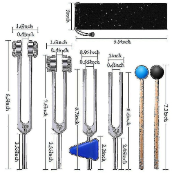 4-osainen virityshaarukkasarja (128 Hz, 256 Hz, 512 Hz, 528 Hz) virityshaarukalla äänihoitoäänelle