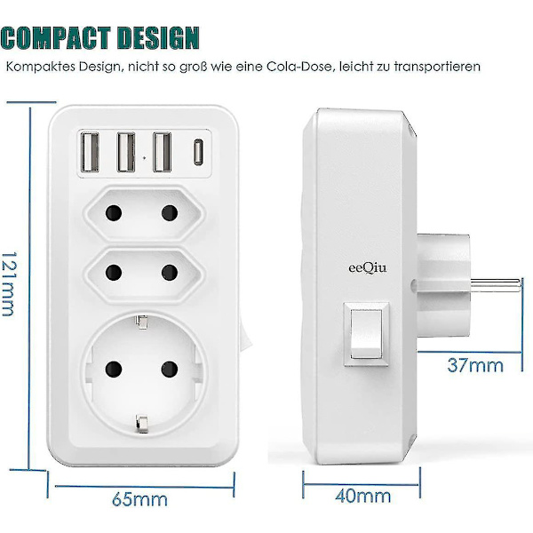 Usb-stikkontakt, 7-i-1 multistikkontakt med 3 USB- og 1 type-c-port, 3-vejs stikkontaktadapter med USB-oplader (2 eurostik og 1 schukostik)
