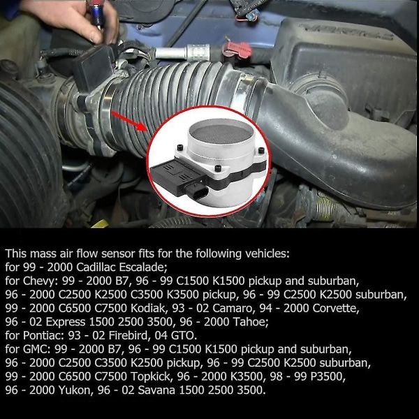 Ma101 Mass Air Flow Sensor (mafs) för Cadillac Escalade Chevy B7 C1500 C2500 C3500 Camaro Tahoe Corvette Express Pontiac Firebird Gto Gmc K1500 K2500