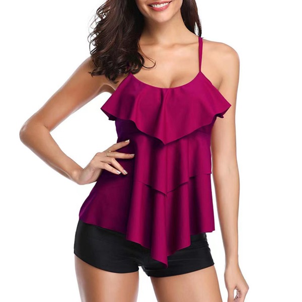 Scoop Neck Tankini ja poikashortsit uimapukusarja (naisille), 2-osainen sarja wine red L