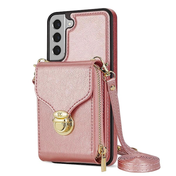 For Samsung Galaxy S22 5G PU +TPU-kortlommedeksel med stativ og glidelås, telefondeksel med skulderstropp Rose Gold