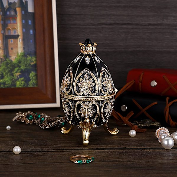 Emaljeret Fabergé æg, dekorativ hængslet smykkeskrin med funklende rhinsten, unik gave/pynt til hjemmet, kommode, fødselsdagsfest (sort) black