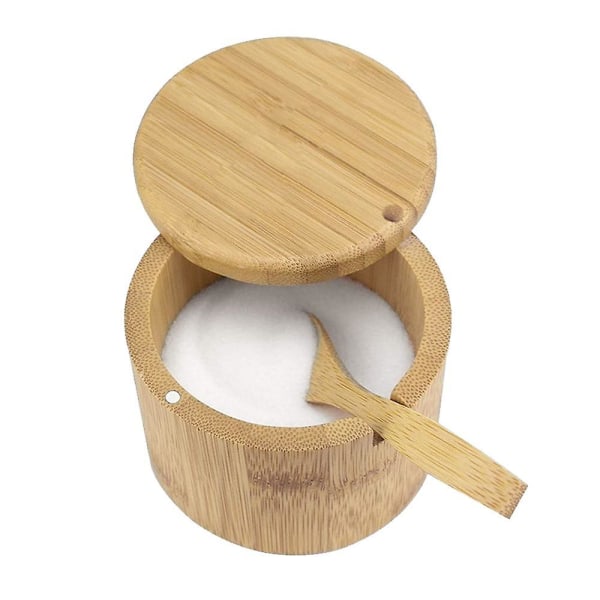 Premium Bamboo Salt Container, Salt Cellar With Magnetic Swivel Lid - Salt Box With Spoon