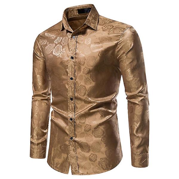 Allthemen Herre Casual Slim Lapel Rose Floral Langærmet Skjorte Khaki XL