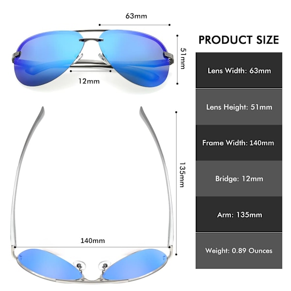 Polariserade Aviator Solglasögon för Män Kvinnor, 63mm UV400 Skydd Metall Ram Lättvikts Spegelglas Utomhus