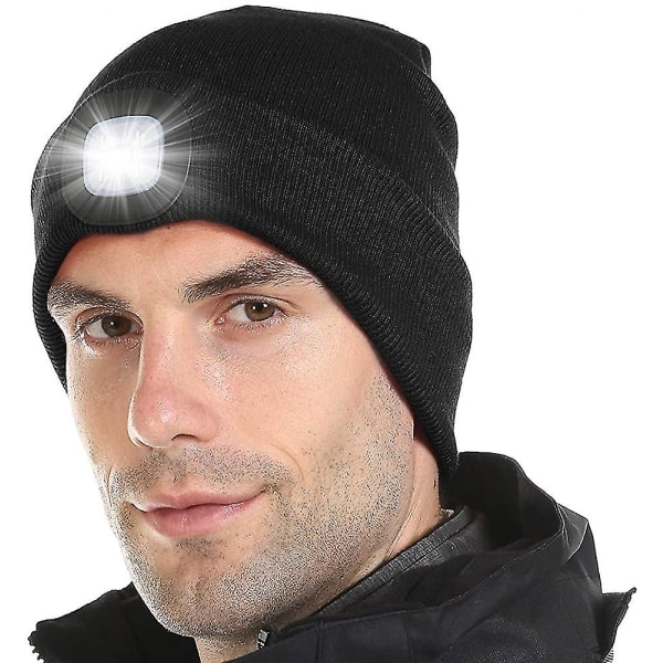 Unisex LED-belyst Beanie Hat, USB-opladelig Håndfri 4 LED Hovedlampe Hat