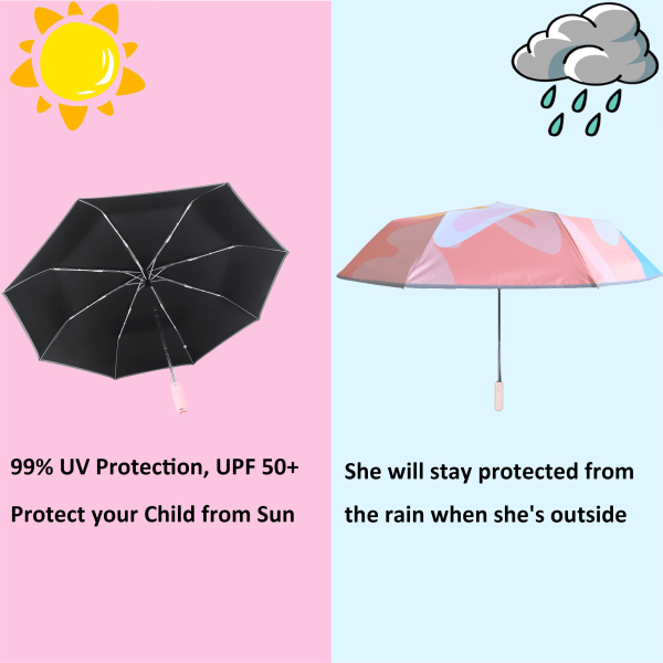 Foldeparaply til børn Automatisk kompakt rejseparaply til regn og sol UV-beskyttelse til piger og drenge i alderen 8-15