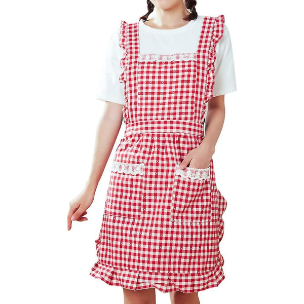 Forklæde Køkken Bageforklæder Vintage Dame Forklæder Rød Gitter Frynser Forklæder Prinsesse Sød Fødselsdagsgave Bomuld Pinafore Forklæder Til Kvinder Pige Med Lomme