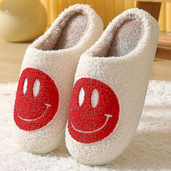 Smiley Face Tøfler Kvinner Smil Tøfler Happy Face Tøfler Retro Smiley Face Myk Plysj 36-37 Red