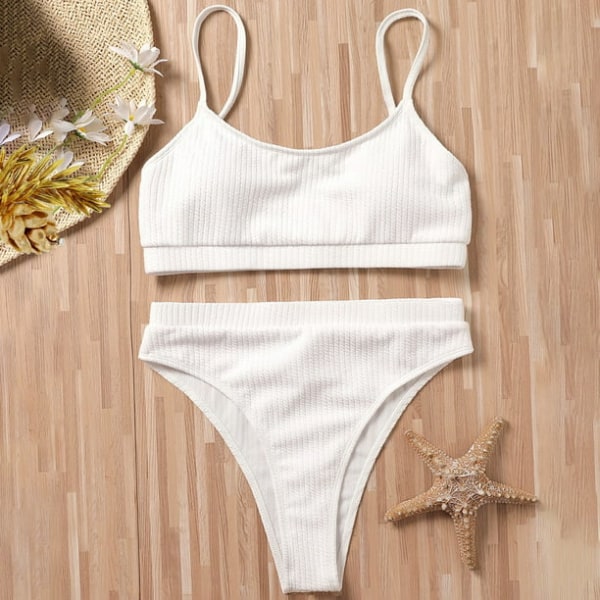 Dam Ribbad Cami Bikini med Hög Midja Vit L-US12 White L