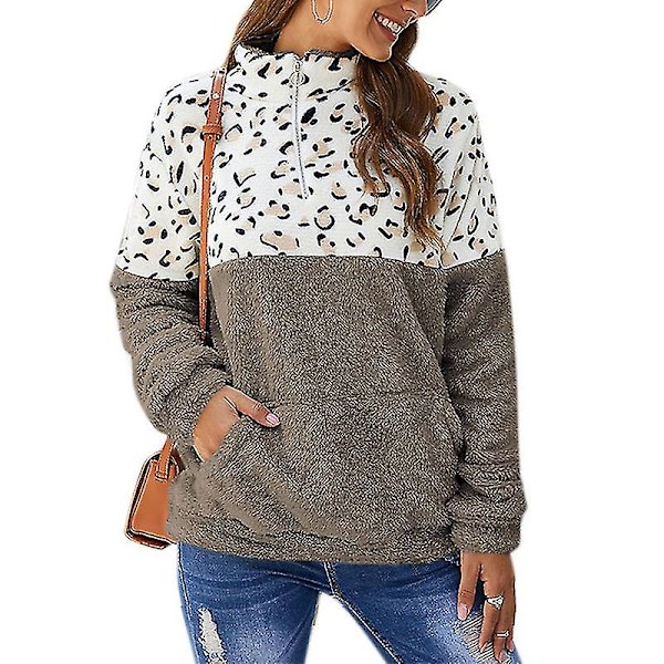 Kvinnor Leopard Fleece Sweatshirt Pullover Vinter Varma Jumper Tjock Topp