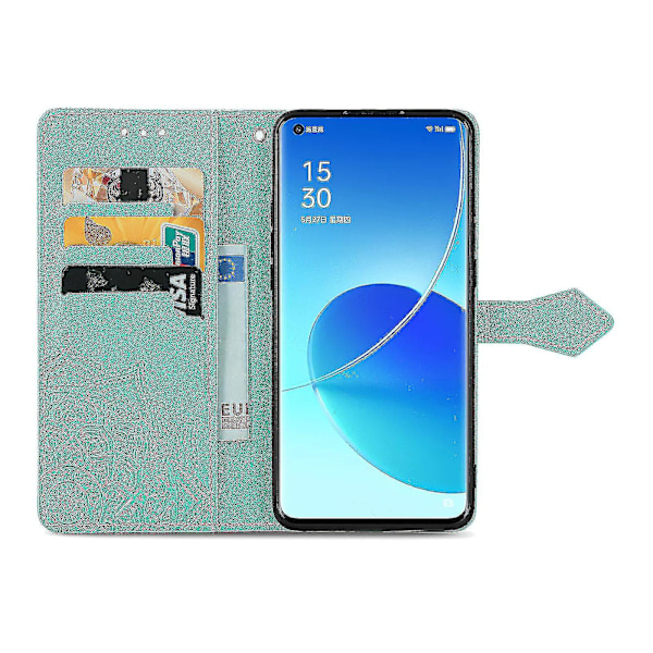 Oppo Reno6 Pro 5g Fodral Läder Plånboksfodral Präglad Mandala Magnetiskt Flip-skydd Stöttåligt - Grön