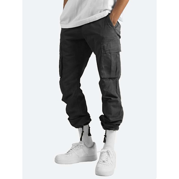 Herr Bekväma Arbetskläder Bomull Linne Multificka Casual Lös Baggy Långa Cargobyxor Black 4XL