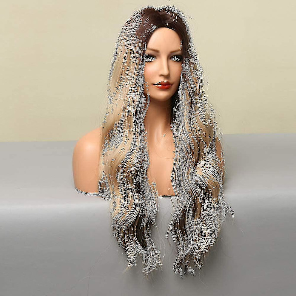 Ombre brun og blond parykk med brune hårrøtter midtskill lang bølge varme