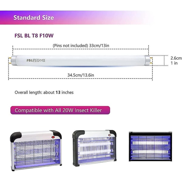Fsl T8 F10w Bl Erstatningspære for myggdreperlampe, 34,5 cm Uv-rør for 20w myggdreper/insektdreper(2stk)