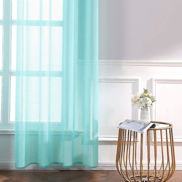 Sett med 2 gjennomsiktige voile gardiner med maljer, gjennomsiktig utseende, gardiner laget av voile polyester, eyelet gardin, gjennomsiktig, 132x114 Cm(bxh),turkis