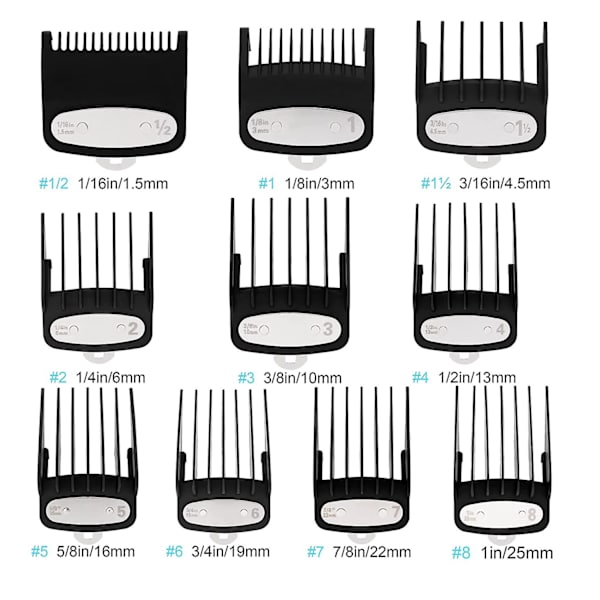 Clipper Guards Cutting Guides til Wahl Clipper - 10-pak, passer til alle Wahl-klippere i fuld størrelse, 1/16 tomme til 1 tomme (1,5-25 mm), sort