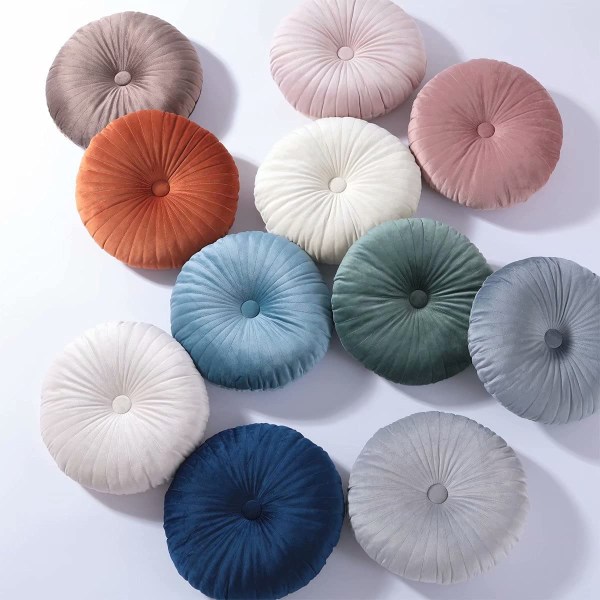 Rund pude til sofa i velour med trim, lille pyntepude i ensfarvet, til stue, seng, gulv, 13,7 tommer, søblå Pillow Lake Blue 35cm*8cm