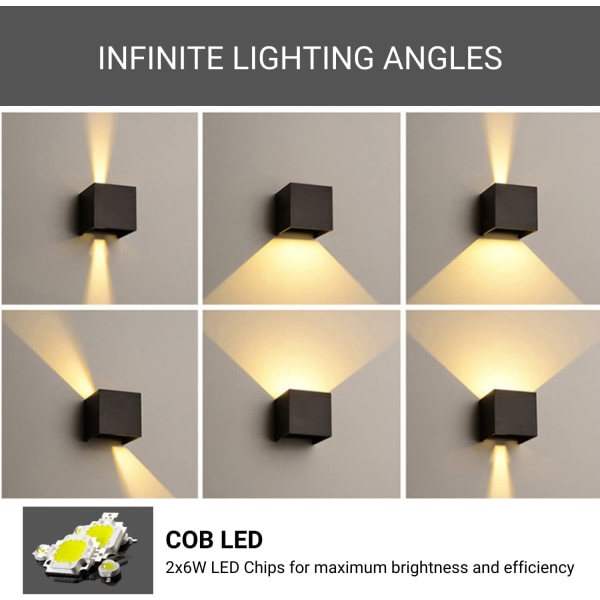 Ny tysk vägglampa LED kub vägglampa IP65 inomhus/utomhus 12W dimbar 1000 lumen modern aluminium (svart, varmt ljus 3000K)