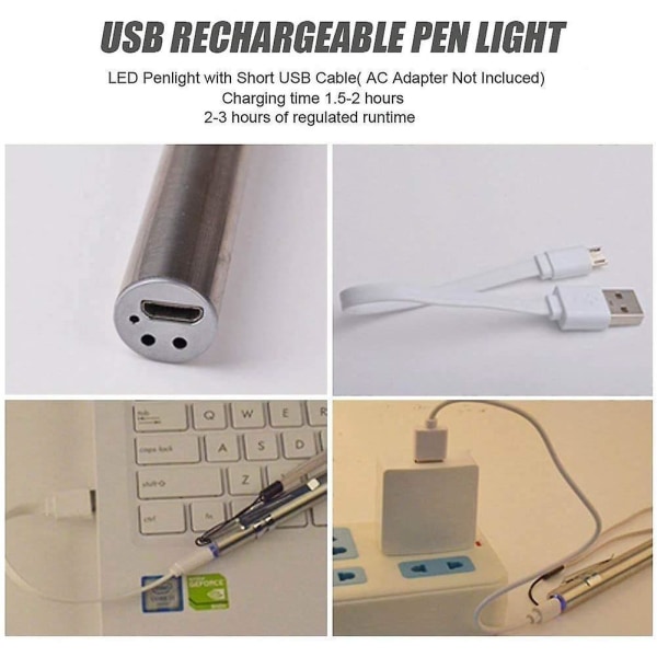 3-pakning USB-pennlys LED-lommelykt for sykepleiere, medisinsk lommelykt i rustfritt stål, oppladbar minilommelykt med klips