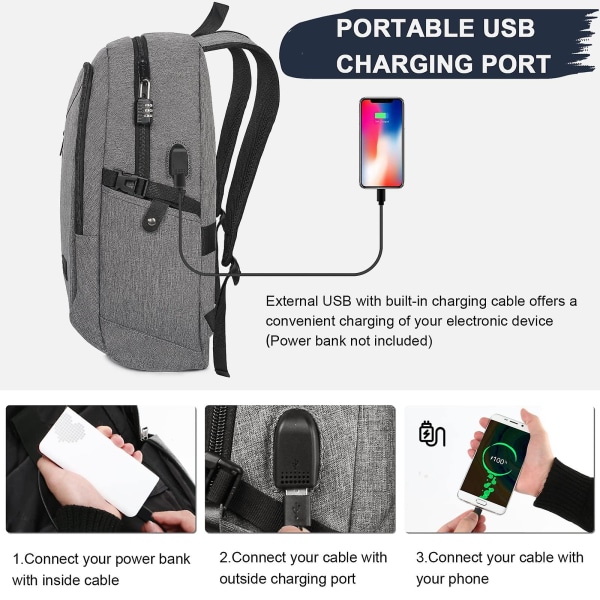 Laptop-ryggsekk for reiser, Anti-tyveri Business College School Bookbag, USB-ladeport og lås, Vanntett reisedataveske Dagsekk, Grå