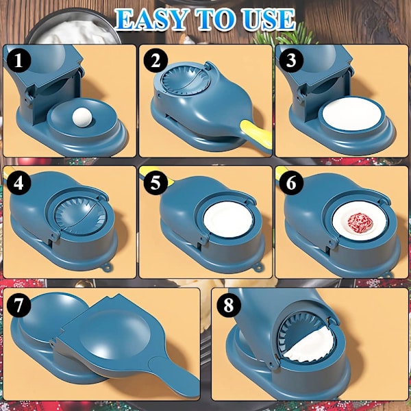 2-i-1 Dumplingmaskine, Håndbetjent Dumplingmaskine til Hjemmet, Trykform til Dumplings, Lav Dumplings Hurtigt på 10 Sekunder (Blå) blue