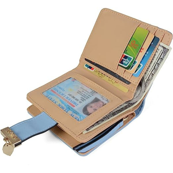 Kvinnors korta plånbok läder medelstor plånbok blad bifold kort mynthållare blue