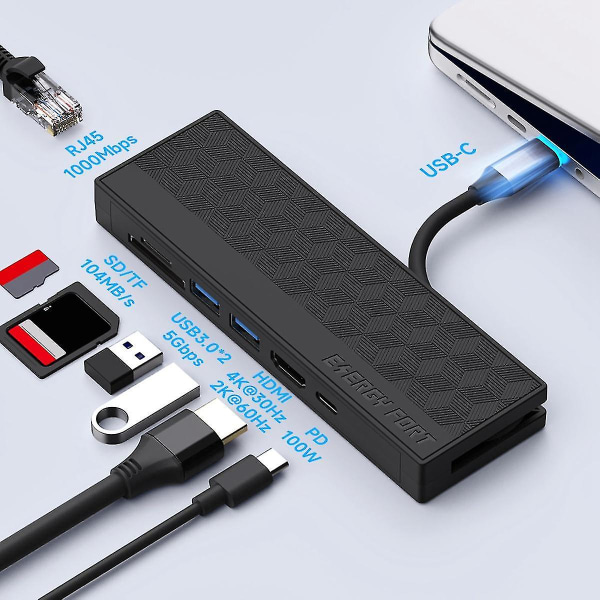 7-i-1 USB 3.0 Dokkestasjon USB-C Hub 5 Gbps Høy Hastighet 1000 Mbps Ethernet RJ45 Gigabit 4K OTG Adapter