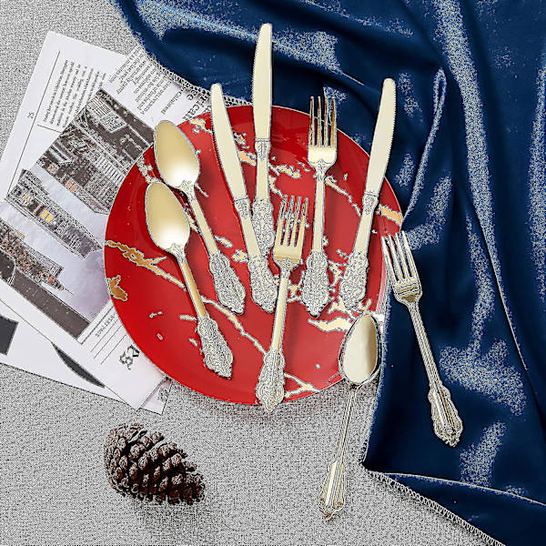 300-pack Guld Plastbestick - Tungt Guld Plastbestick Set, 100 Guld Gafflar, 100 Guld Skedar, 100 Guld Knivar, Guld Bestick
