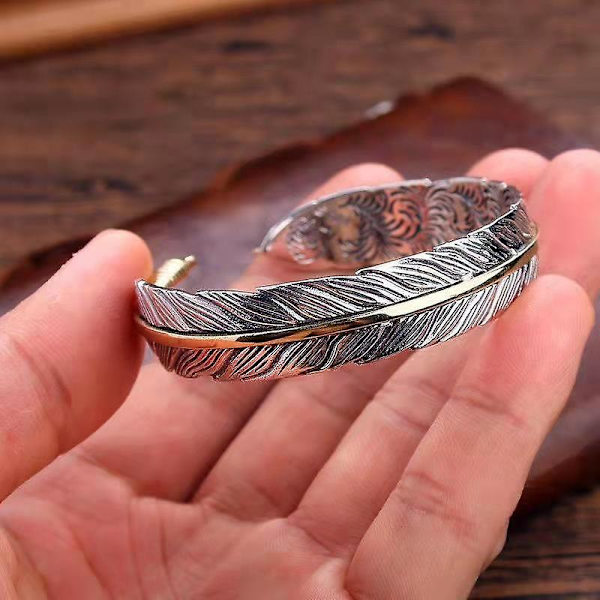 Dam & Herr Retro Vintage 925 Sterling Fjäder Manschettarmband Fjäderarmband Herrarmband