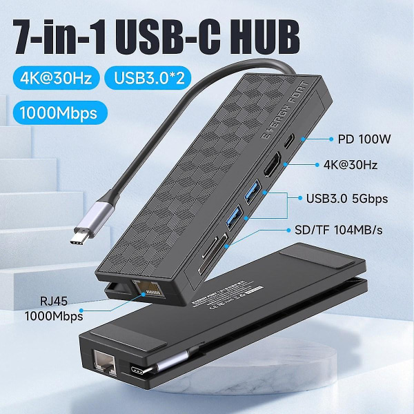 7-i-1 USB 3.0 Dokkestasjon USB-C Hub 5 Gbps Høy Hastighet 1000 Mbps Ethernet RJ45 Gigabit 4K OTG Adapter