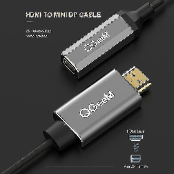 Qgeem HDMI till Mini Dp Converter Adapter Kabel - Uhd 4k@30hz, Plug And Play