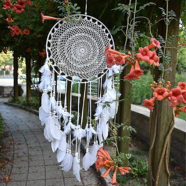 Stor Boho Drömfångare Vit Fjäder Macrame Väggdekoration