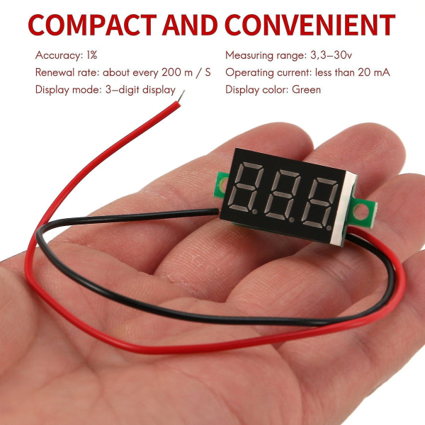 Mini digital voltmeter LED spenningsdisplaypanel meter 3,3-30v grønn LED