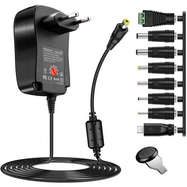 Casle Eu-stik, 30 W, Universal vekselstrømsadapter, 3 V, 4,5 V, 5 V, 6 V, 7,5 V, 9 V, 12 V, AC Dc, Oplader med 5 V, 2,1 USB-port