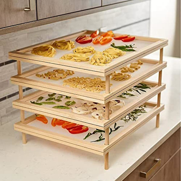 Stable Stappels tørker for mat med nett, trehyller for pasta og urter, flerbruks 2-trinns tørker for mat