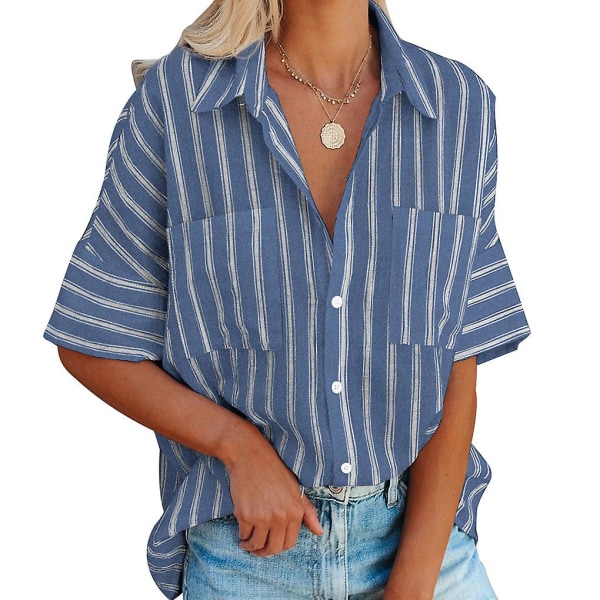Skjorte for kvinner med halvermet stripe bluse lommer knapp V-hals topp,
