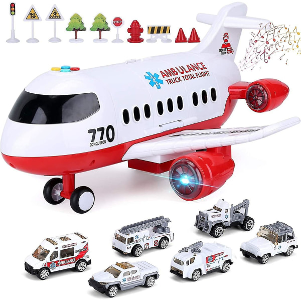Flygplansleksak Barnplan 15 tum stort med ljus och ljud för 3 4 5 6 7 år gamla pojkar Flickor Småbarn, ambulansflygplan leksaksfordon Set med