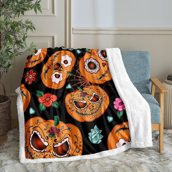 Halloween-teppe oransje gresskar-teppe svart sherpa-fleece-teppe tegneserieteppe til sofa sofa (halloween) ,halloween