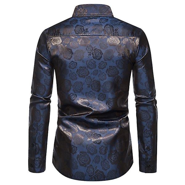 Allthemen Herre Casual Slim Lapel Rose Floral Langærmet Skjorte Blue M