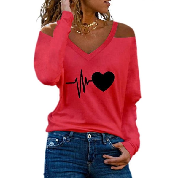 Print Cold Shoulder T-shirt Långärmad Heart Blus Women