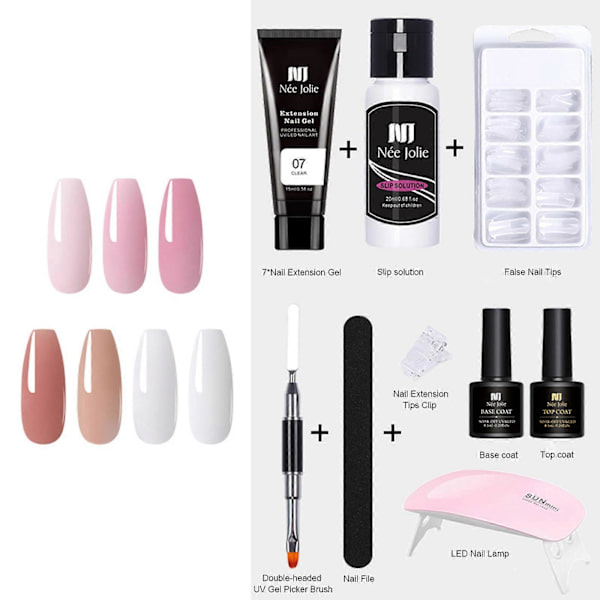 Nee Jolie 15ml Förlängningsgel-Nagelset med Mini-Nagellampa UV-Förlängningsgeler Borste Falska Nagelspetsar Nagelförlängningstips Klämma Baslack Topplack för Naglar