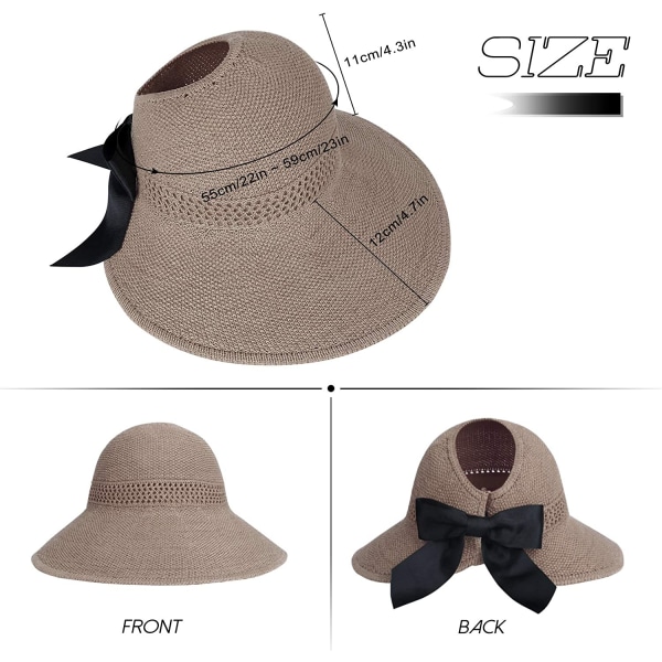 Stråhatt for damer Strandsolhatt Sammenleggbar Stor Dame Papir Myk Flett Bred Rimme Reisedekor Sommerferie (Khaki) Khaki