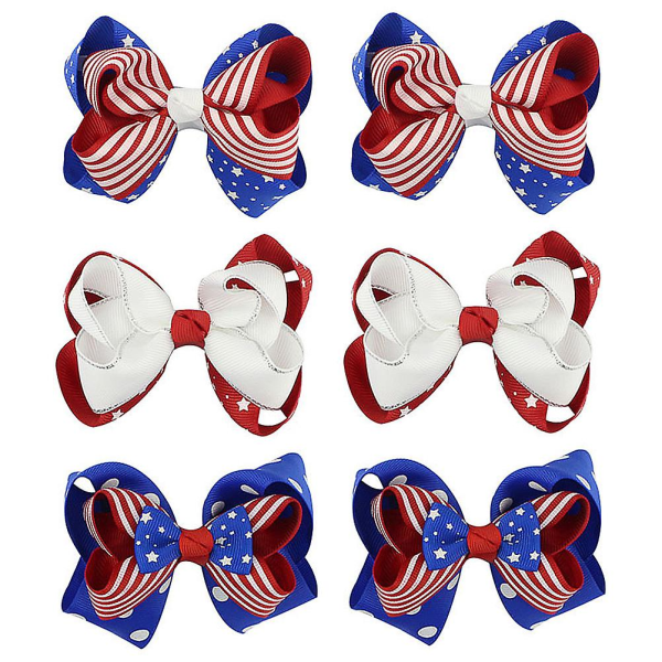 6 Pcs American Flag Bows Snap Barrettes Girls Hair Clips Ind