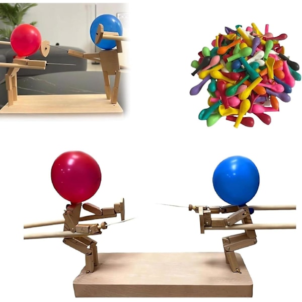 Balloon Bamboo Man Battle, Handmade Wooden Fencing Puppets, Wooden Bots Battle Game For 2 Players, Fast-paced Balloon Fight Fun Exciting Game